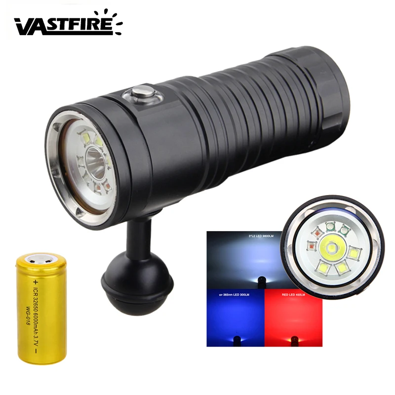 

VASTFIRE Scube Diving Flashlight 4 Mode Dimmable XM-L2 WHITE UV Red Underwater Video Light Lamp Diving Torch 32650 Rechargeable