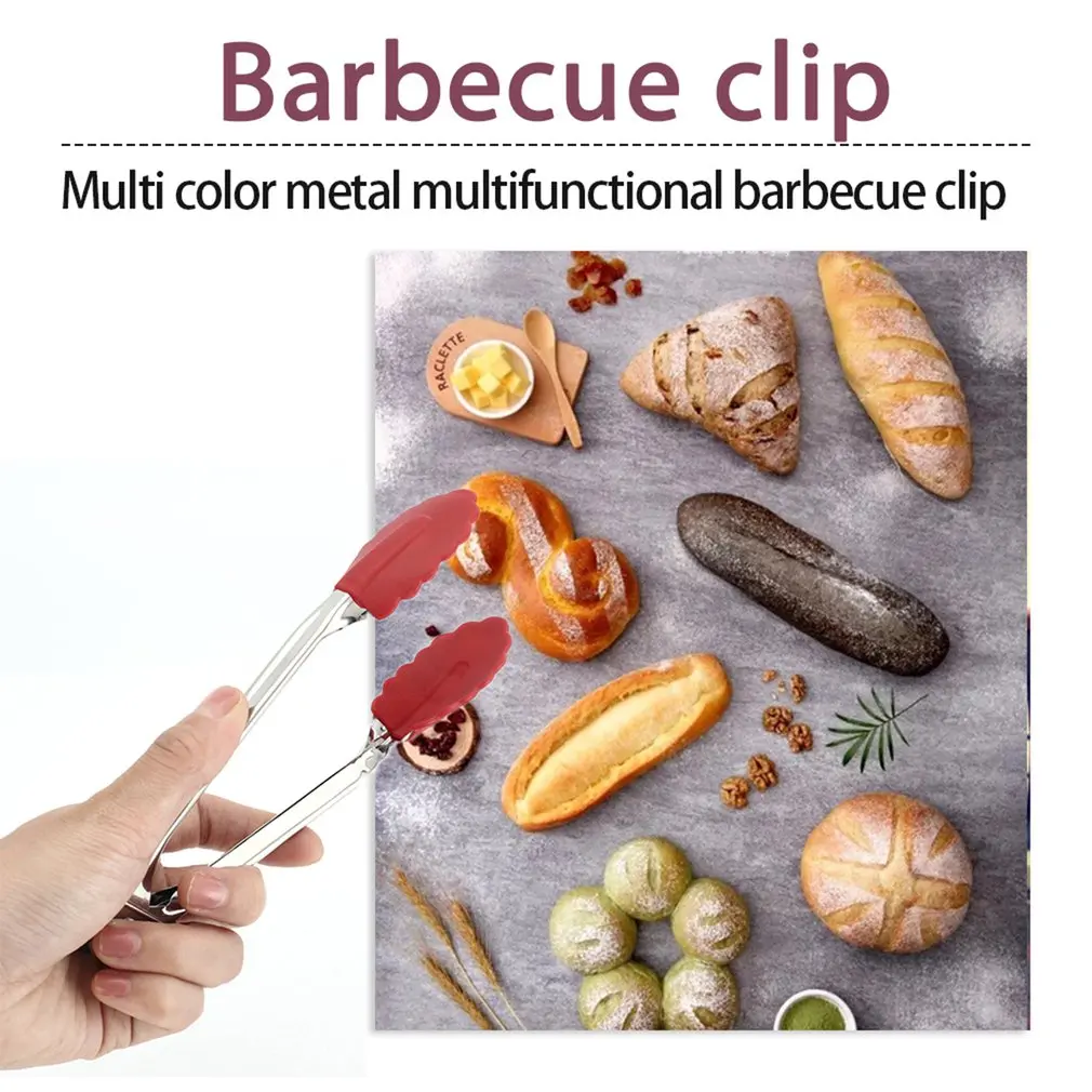 Non slip Silicone Kitchen Clamps Barbecue Tongs Food Meat Baking Bread Tongs Clip Stainless Steel Clip 2