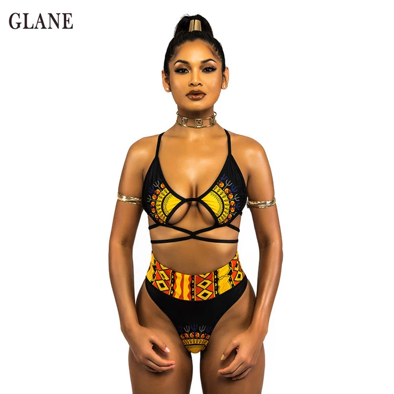 

Two Piece Sexy Women Swimwear Bandage Bikini Set Push-up Padded Bra Swimsuit Print Bathing Suit Summer Women African Beachwear