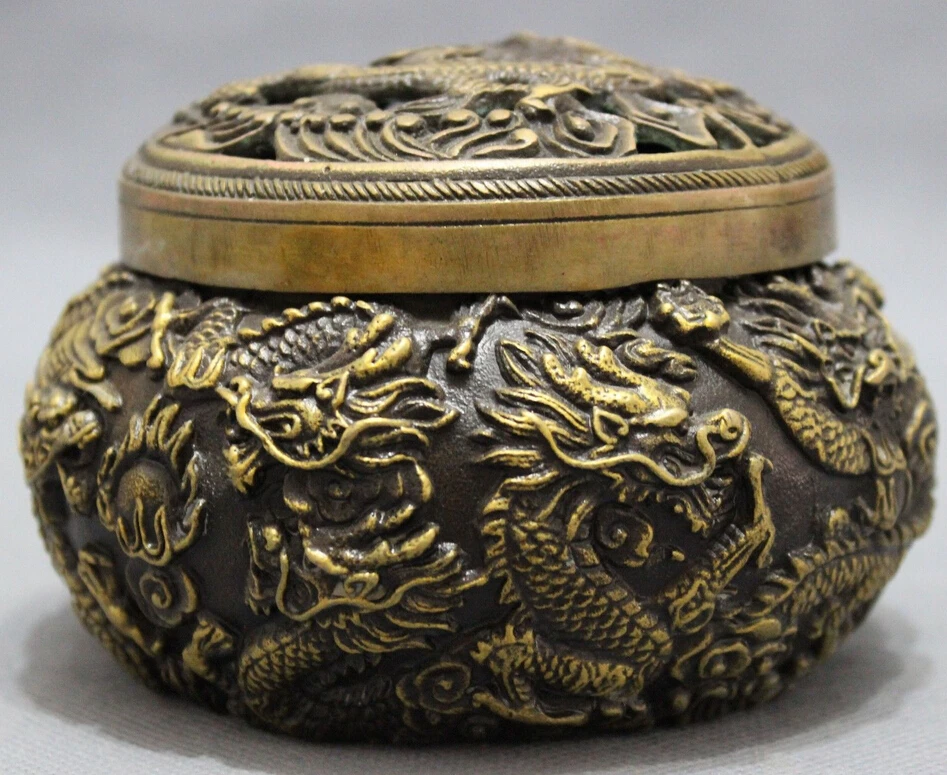 

p6677 Old Tibet Bronze Buddhism Dragon Head Statue Bowl Box Incense Burner Censer