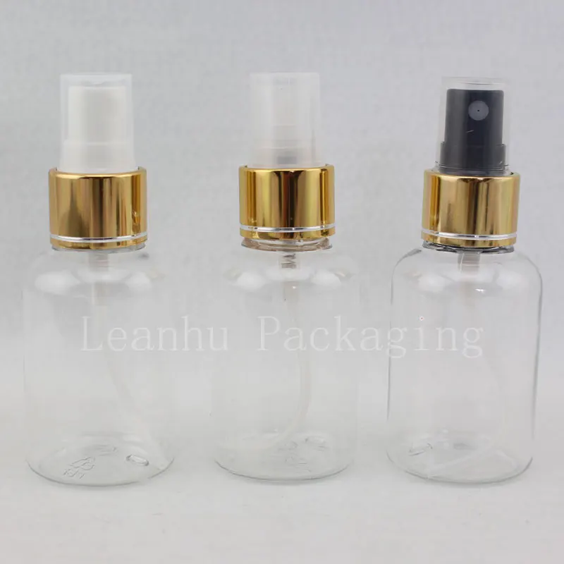 

50pc/lot 50ml Empty Clear Plastic Bottle With Gold Aluminum Mist Spray Perfume Bottles,Colored Cosmetic Packaging Container