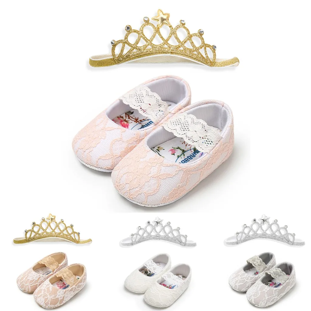 Lovely Newborn Toddler Kids Baby Girl Bow Crown Soft Crib Sole Shoes+Hairband