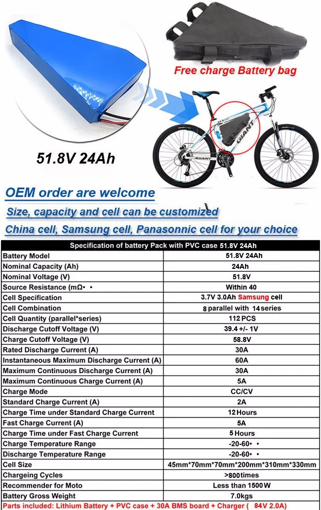 Discount Powerful 1500W Electric Bicycle Giant Ebike Lithium Ion Battery 51.8V 52V 24Ah Li Ion Battery with Electric Bag 30A BMS Charger 3