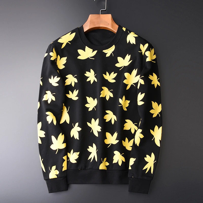 

Minglu 100% Cotton Sweatshirts Men Luxury Yellow Leaf Printed Round Collar Sweatshirt Male Plus Size 4xl Spring Mens Hoodies