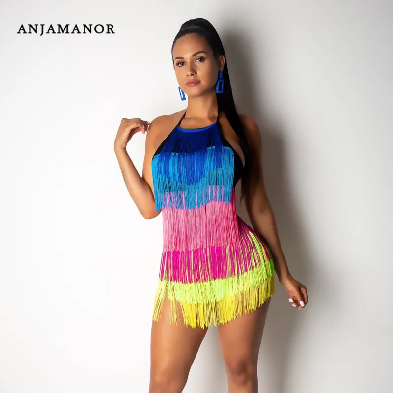 

ANJAMANOR Multi-layer Tassel Mini Rompers Women Summer 2019 Backless Playsuit Sexy Jumpsuit One Piece Club Outfits D30-AG50