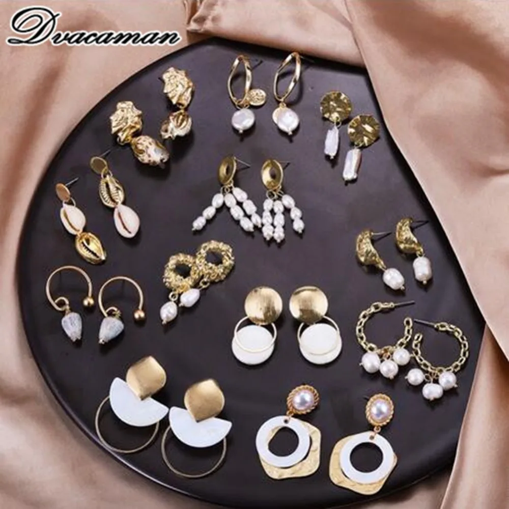 

Dvacaman Fashion Real Natural Pearl Drop Earrings for Women Vintage Shell Metal Statement Earrings Wedding Party Gifts Jewelry