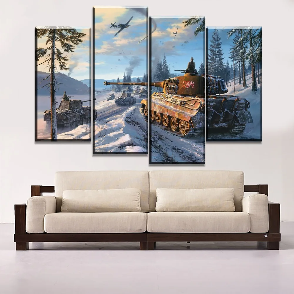 

Winter Snow War Tank Painting Modular 4 Piece Type On Canvas Print One Set Combinatorial Art Poster Modern Wall Decor Framework