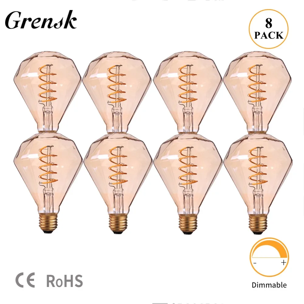 Grensk Светодиодная лампа Эдисона, Подвесная лампа с алмазным стеклом, 220 В, 3 Вт, стильная лампа для домашнего декора, светодиодная винтажная лампочка G95