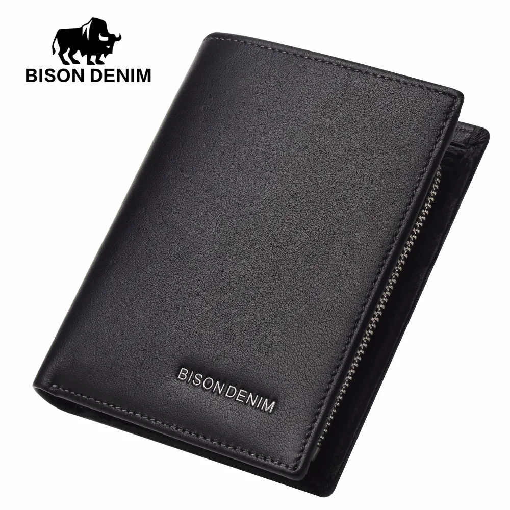 

BISON DENIM Cow Leather Wallet Men Zipper Coin Pocket Card Holder Genuine Leather Short Mini Wallet Black Purse For Men N4442