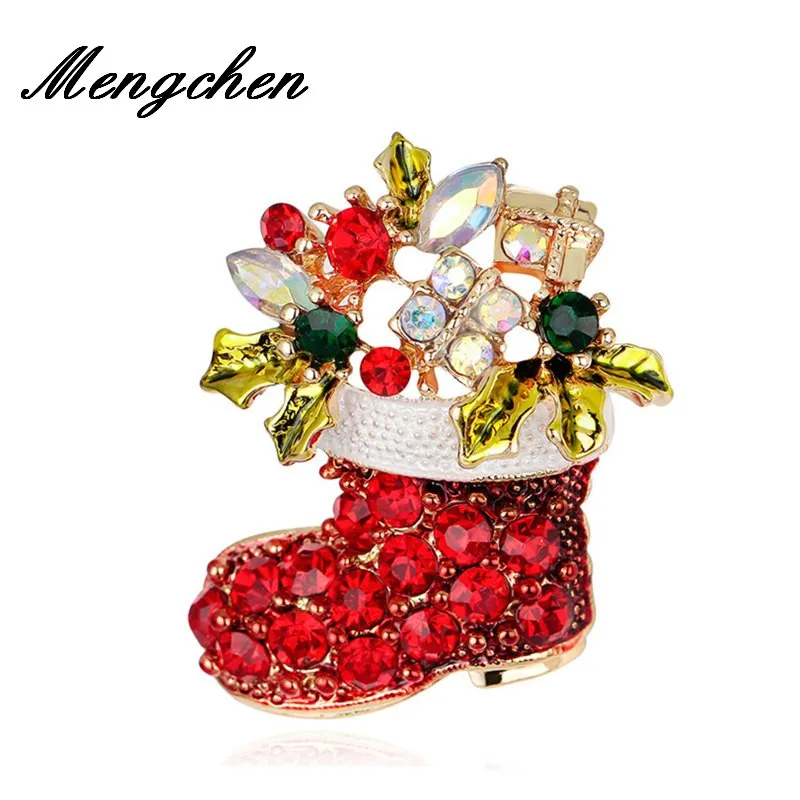 

New Year Fashion Christmas Boots Brooch Santa Claus Shoes Carriage Rhinestone Brooch Jewelry For Christmas Color Stone Brooch
