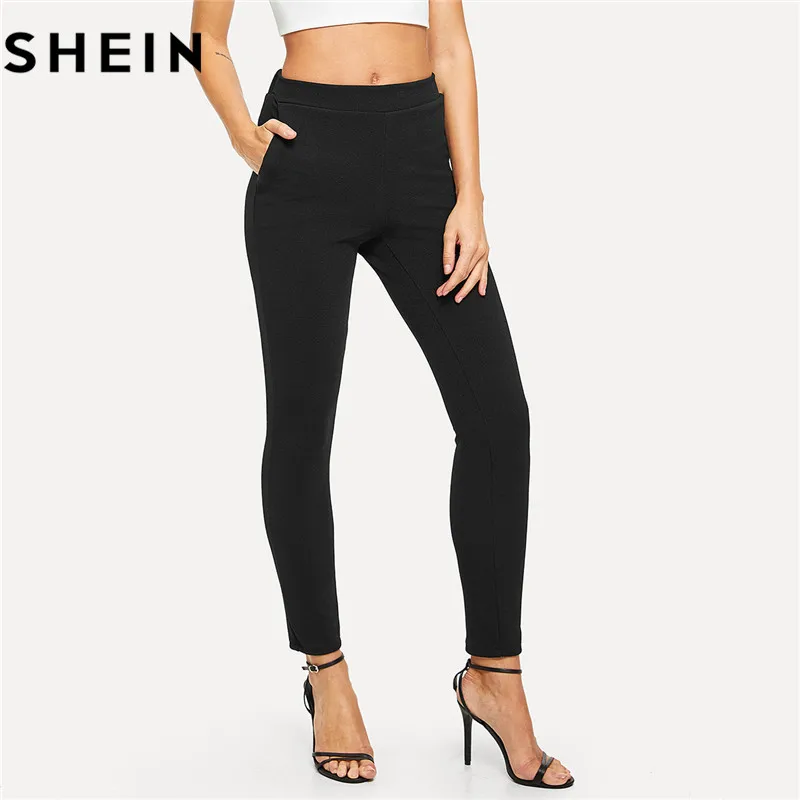 SHEIN taille élastique noir rayé taille moyenne pantalon Skinny automne bureau dame élégant Slim Fit Vertical femmes crayon pantalon