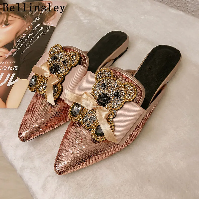 

2019 Summer Women's Shoe Flat Mules Bling Pointed Toe Crystal Panda Bowtie Slippers Flat Heel Half Slides Ladies Semi slippers