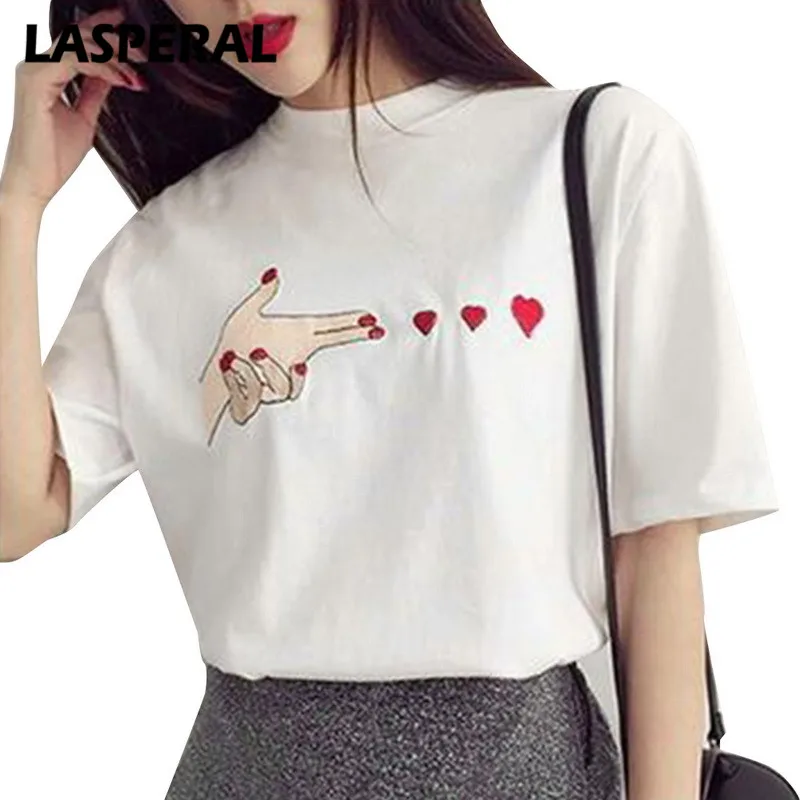 

LASPERAL White T Shirt Women Summer Casual Short Sleeve Funny Tshirt Fashion Lovely Finger Heart Print Kawaii T-shirt Plus Size