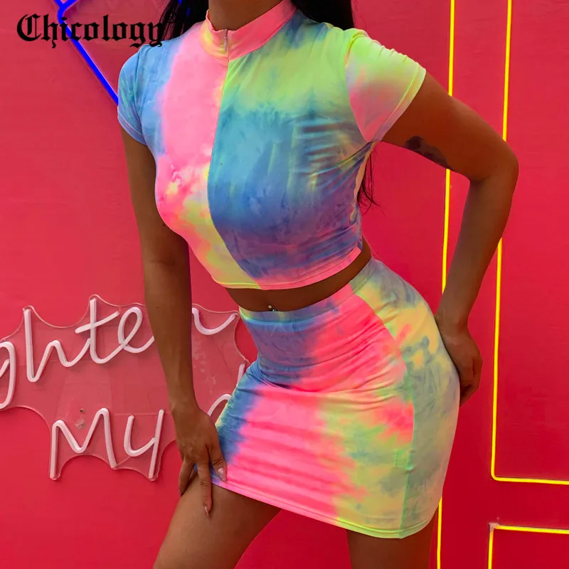 

Chicology tie dye crop top short sleeve t shirt high waist bodycon mini skirt 2 two piece set 2019 summer sexy women clothing