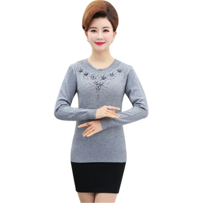 

2019 Middle-aged Women's Winter Sweaters Pullovers Plus Size 4XL Thickened Warm Bottoming O-neck Wool Sweater Mother Dress Tops