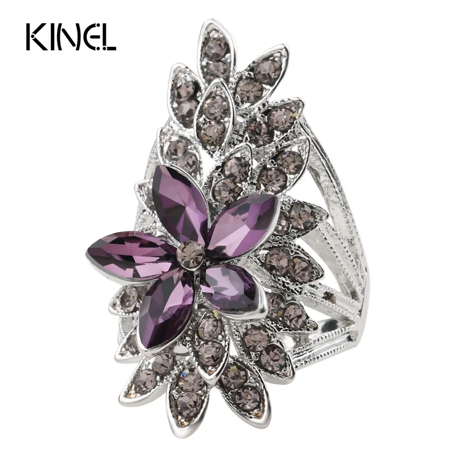Kinel Модные кольца с кристаллами и цветами для женщин AAA Фиолетовое Стекло посеребренное обручальное кольцо на палец хорошее ювелирное изделие Bague - Цвет основного камня: Фиолетовый
