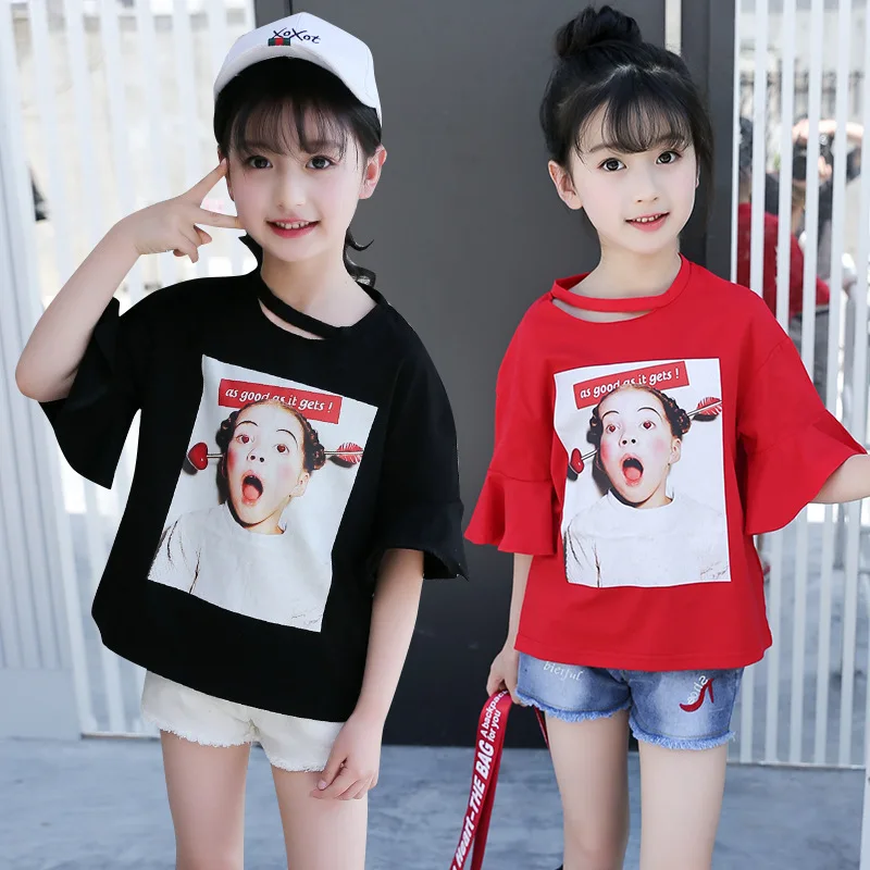 

Korean Style Girl Summer T Shirt Cotton Print T-shirt Short Sleeve Tshirt for Children Casual O-neck Tops Tees