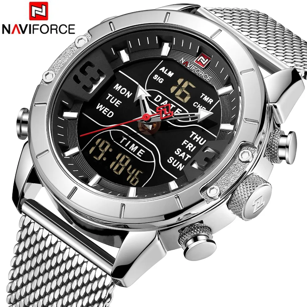 

NAVIFORCE Mens Watches Top Brand Luxury Mesh Steel Multiple Time Zone Waterproof Watch For Men Silver Watch Relojes Para Hombre