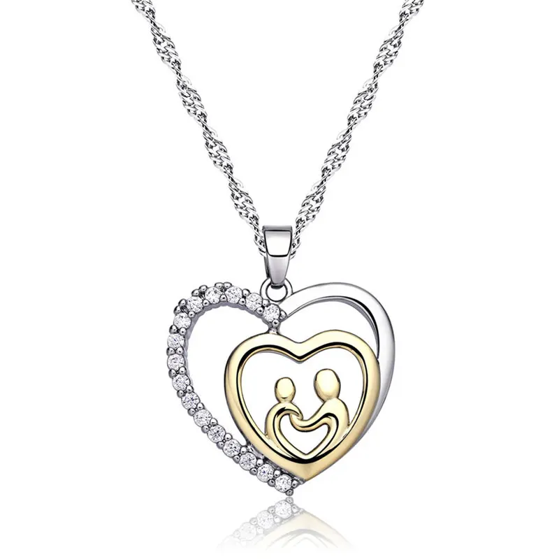 CHUKUI Mother Baby Heart Charm Pendant Family Love Cubic Zirconia Heart-shaped Pendant Necklace For Mothers Day Gift (1)