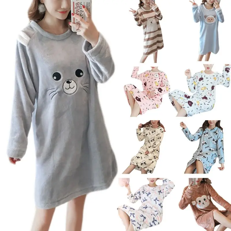 

Womens Winter Thicken Flannel Long Sleeve Nightgown Cute Cartoon Animal Bear Printed Sleepwear Sweet Student Loose Knee Length