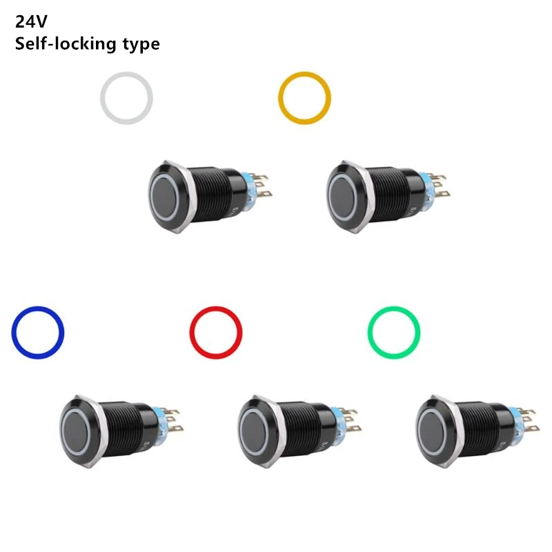 

19mm 24V LED ON/OFF Black Waterproof Self-locking Push Button Flate Switch Car Switch Flat Head 5 Pin IP66 40mm Length