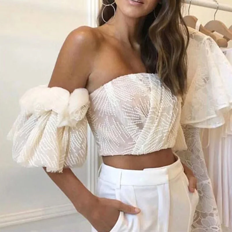 

2018 Fashion Women Sexy Off The Shoulder Backless Holiday and Beach Beige Lady Top
