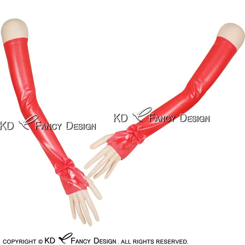 

Red Sexy Long Latex Gloves Fingerless With Bows Rubber Mittens Plus Size ST-0003