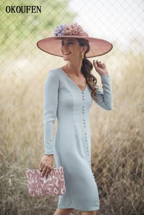 

Simple Short Mother of the Bride Dresses for Wedding 2019 Knee Turquoise Long Sleeve V-Neck Buttons vestido de madrinha farsali