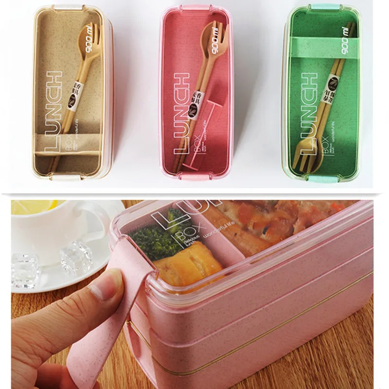 New 3 Tiers Lunch Box Wheat Straw Bento Boxes Microwave Dinnerware Food