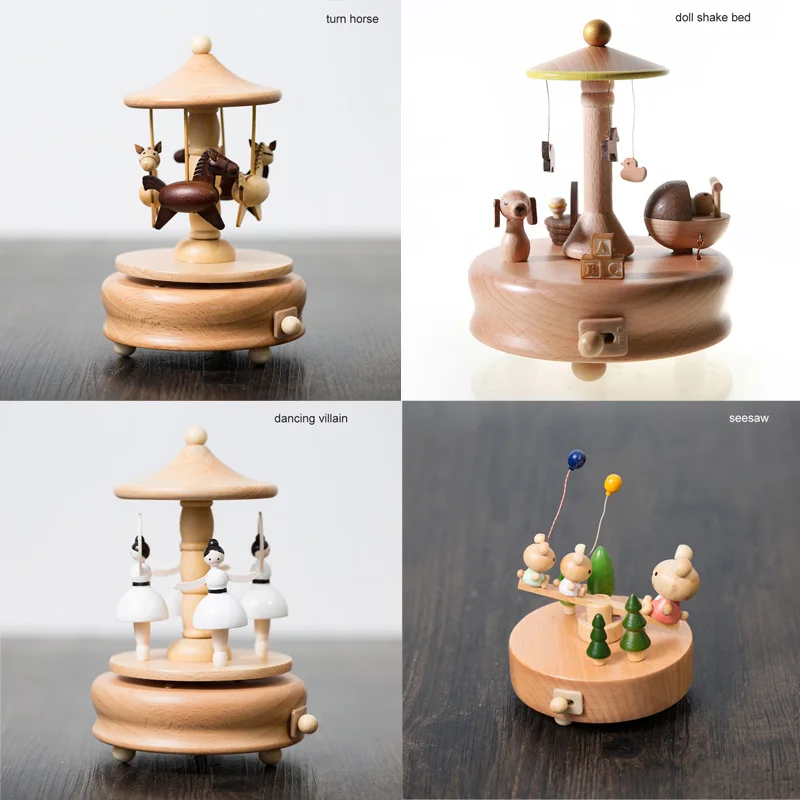 Accesorios de decoración del hogar Kawaii Vintage Chirstmas Año Nuevo Retro Regalo de Cumpleaños caja de música de madera carrusel cajas musicales manivela de mano