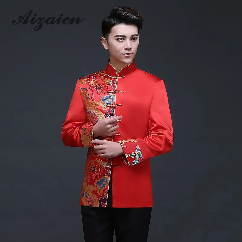 Традиционный китайский костюм дракона для мужчин вышивка Cheongsam рубашка Красный Qipao топ одежды стиля Востока для мужчин жениха традиционная куртка