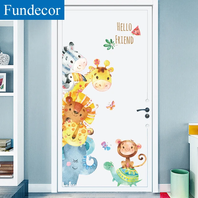 [Fundecor] Watercolor Animals Wall Stickers For Kids Rooms Nursery Children Bedroom Door Wall Decals Turtles Giraffe Home Decor