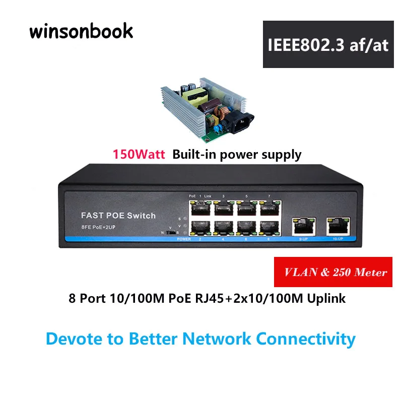 

8 port Ethernet Switch PoE switch PoE 48V support VLAN 250M PoE Network for IP Camera 10/100Mbps 2x100M uplink