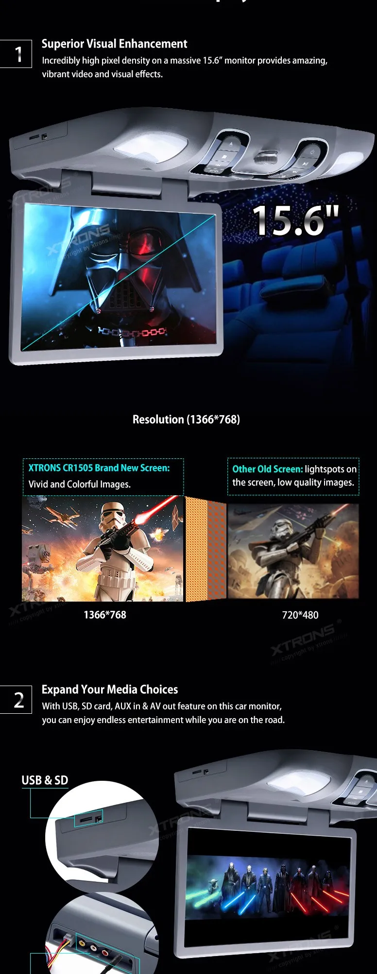 Flash Deal Grey 15.6" inch HD Car Roof  DVD Player with 1366*768 Resolution/170 Max Open Angle/Built-in IR & FM/32-Bit Games 3