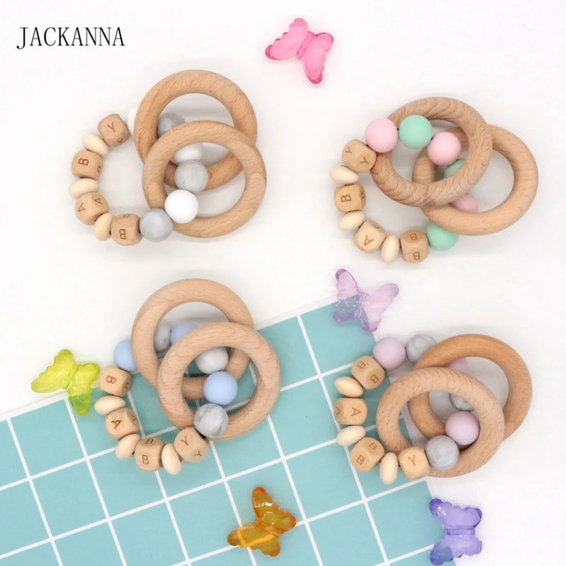 Buy Personalized Name Baby Teether Ring Silicone Beech Wood Beads Teethers