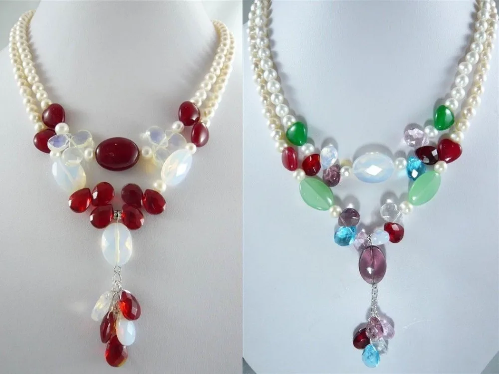 

ddh003805 2 color-beautiful white pearl mixed green/red/blue jade stone moonstone necklace can choose 28% Discount
