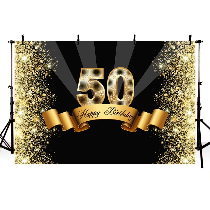 

Art fabric photography backdrops custom gold Silk ribbon 50 birthday Gold Glitter Light black backgrounds party photo backdrops