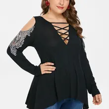 Wipalo размера плюс 5XL футболка с кружевной отделкой и открытыми плечами спереди Повседневная футболка с v-образным вырезом и длинным рукавом с завышенной талией