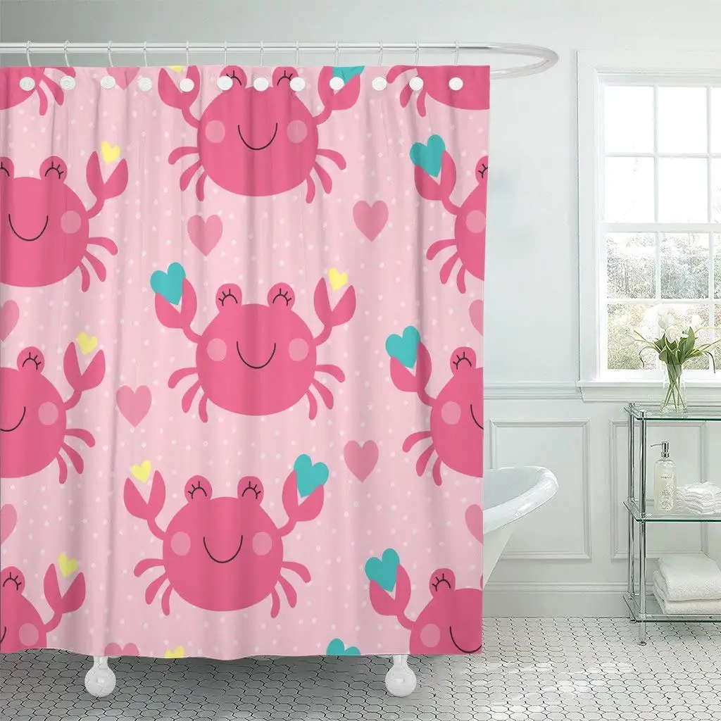 Shower Curtain with Hooks Colorful Adorable Pink Crab Pattern Animal Aquatic Beach Beautiful Carnivore Cartoon Bathroom Decor | Дом и сад
