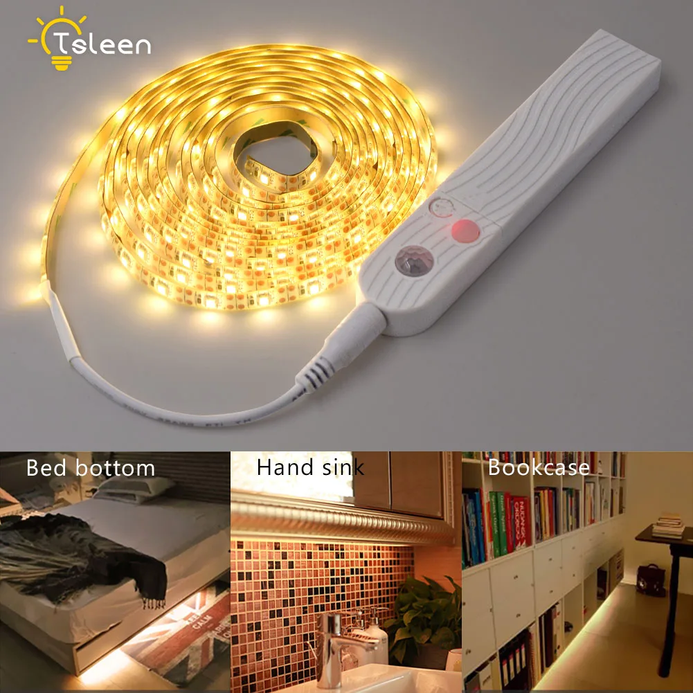 

TSLEEN PIR Motion Sensor 5V LED Strip Light 2835 SMD 60LED/m IP65 Waterproof 1M 2M 3M Under Bed Cabinet Closet Stairs Night Lamp