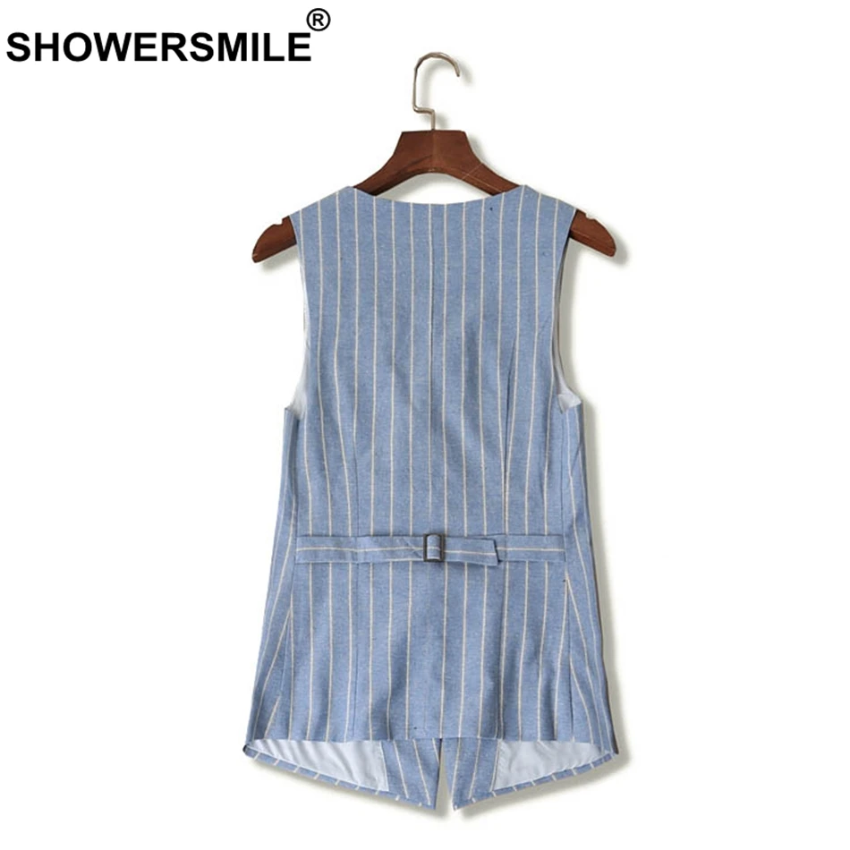 SHOWERSMILE Striped Vest Women Cotton Linen Blue Slim Fit Sleeveless Jacket Female Elegant Office Wear Autumn Vests Waistcoat
