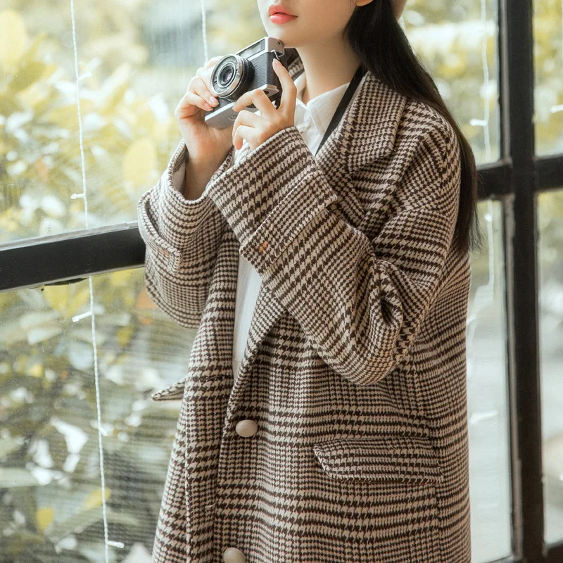 Japanese Mori Girl Autumn Winter Long Coat Plaid Warm Female Woolen Outerwear Korean Fashion Classical Thick Tweed Ladies Jacket