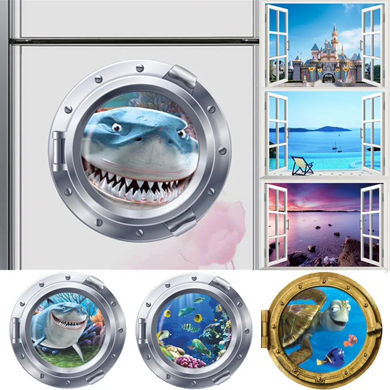 

% 3d smiling big shark nemo dory submarine portholes windows wall stickers for washing machine decoration diy wall decals art