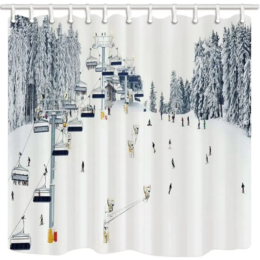 Sport Shower CurtainWinter Holiday Travel Snow Mountain Skiing Cable
