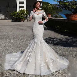 Великолепное свадебное платье русалки с кружевными аппликациями, с длинными рукавами, с коротким шлейфом, платье невесты с отделкой