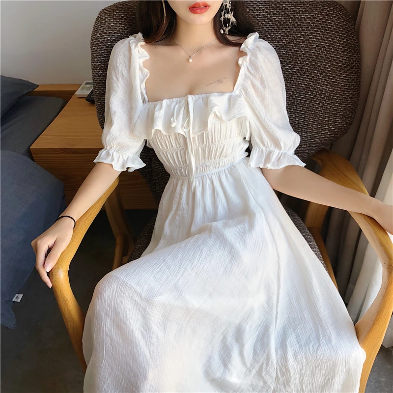

Women's Clothing Dresses beach style solid half summer butterfly sleeve Backless square collar long white dress fashion brand