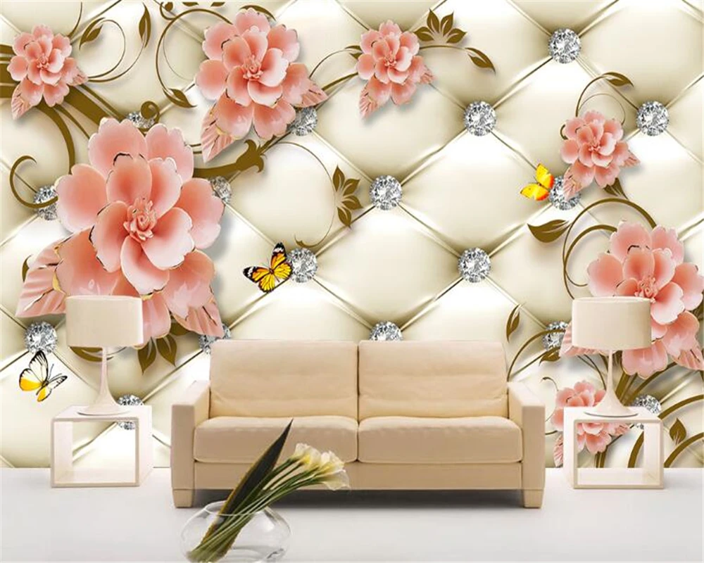 Beibehang custom Wallpaper European Soft Bags Diamond Flowers Butterfly Mural House Living Room Bedroom Background 3d Wallpaper