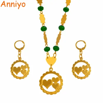 

Anniyo Heart Pendant Necklaces Earrings With Colored Beads Jewellery sets Moms Gifts Gold Color Trendy Islands Jewelry #118306S