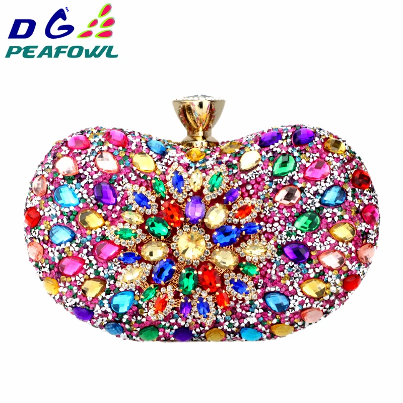 DG PEAFOWL Two Side Luxury crystal Floral Clutch chain bag evening woman diamond wedding Shoulder wallet purse Handbags 5 colors