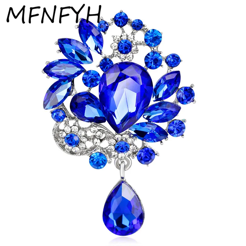 MFNFYH Royal Blue Crystal Flower Lapel Pins and Brooches for Women